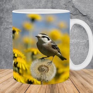 Bird Dandelion Flowers Mug Wrap 11oz & 15oz Mug Template, Bird Mug Sublimation Design Mug Wrap Template PNG Instant Digital Download