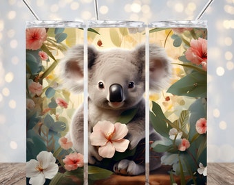 3D Koala Bear Flower 20 oz Skinny Tumbler Sublimation Design, Animal Straight & Tapered Tumbler Wrap PNG Instant Digital Download