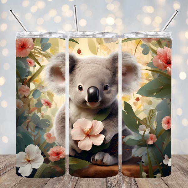 3D Koala Bear Flower 20 oz Skinny Tumbler Sublimation Design, Animal Straight & Tapered Tumbler Wrap PNG Instant Digital Download