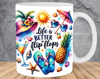 Het zomerleven is beter in slippers mok wrap 11oz & 15oz mok sjabloon, mok sublimatie ontwerp mok wrap sjabloon PNG Instant Digitale Download