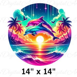 May include: A vibrant circular design featuring two dolphins leaping out of the water against a colorful sunset backdrop. Palm trees and a starry sky complete the scene. The design measures 14 inches by 14 inches.