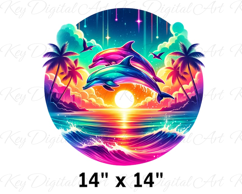 May include: A vibrant circular design featuring two dolphins leaping out of the water against a colorful sunset backdrop. Palm trees and a starry sky complete the scene. The design measures 14 inches by 14 inches.