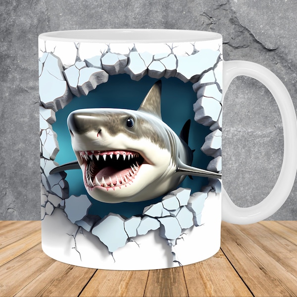 Requin 3D trou dans un mur océan Mug Wrap 11 oz & modèle de tasse 15 oz, Mug 3D Sublimation Design Mug Wrap modèle PNG Téléchargement instantané