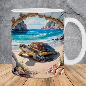 May include: White ceramic mug featuring a detailed illustration of a sea turtle on a sandy beach with seashells. The background shows a scenic ocean view with blue water, waves, and cliffs. The mug has a white handle.