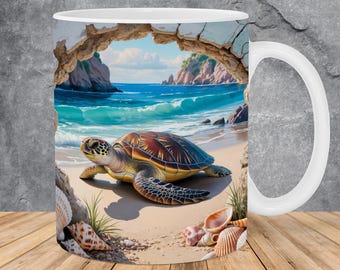 3D Schildkröte Loch in einer Wand Becher Wrap 11 Unzen 15 Unzen Becher Vorlage, Strand Becher Sublimation Design Becher Wrap Vorlage PNG Sofortiger digitaler Download