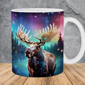 Moose Northern Lights Mug Wrap 11oz & 15oz Mug Template, Animal Mug Sublimation Design Mug Wrap Template PNG Instant Digital Download