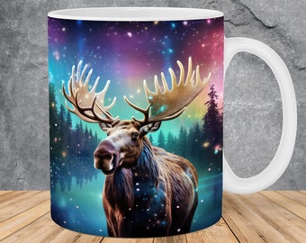 Moose Northern Lights Mug Wrap 11oz & 15oz Mug Template, Animal Mug Sublimation Design Mug Wrap Plantilla PNG Descarga digital instantánea