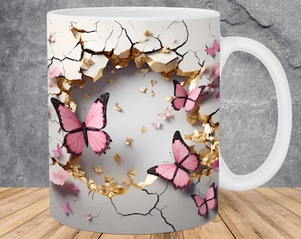 3D Crack In A Wall Pink Butterflies Mug Wrap 11oz & 15oz Mug Template, Mug Sublimation Design Mug Wrap Template PNG Instant Digital Download