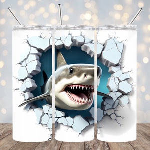 3D Shark Ocean Hole In A Wall 20 oz Skinny Tumbler Sublimation Design, 3D Straight & Tapered Tumbler Wrap PNG Instant Digital Download