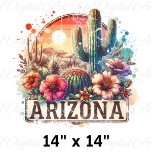 May include: A watercolour illustration of a desert scene with a saguaro cactus, flowers, and a vintage sign that reads "ARIZONA". The scene is set against a sunset backdrop with a circular border. The image is 14 inches by 14 inches.