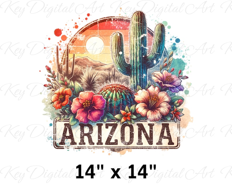 May include: A watercolour illustration of a desert scene with a saguaro cactus, flowers, and a vintage sign that reads "ARIZONA". The scene is set against a sunset backdrop with a circular border. The image is 14 inches by 14 inches.