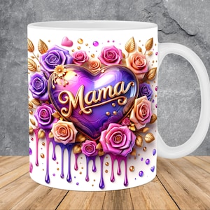 May include: White ceramic mug featuring a heart-shaped design with the word "Mama" in gold script. The heart is surrounded by purple, pink, and peach roses, gold leaves, and dripping purple paint. A perfect gift for Mother's Day.