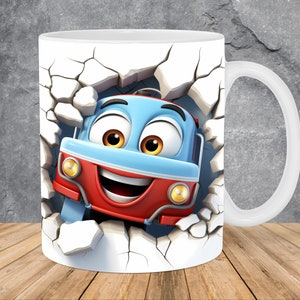3D-Karikatur-Auto Loch in einer Wand Becherverpackung 11 Unzen und 15 Unzen Bechervorlage, 3D-Becher Sublimation Design Becherverpackung Vorlage PNG Sofortiger digitaler Download
