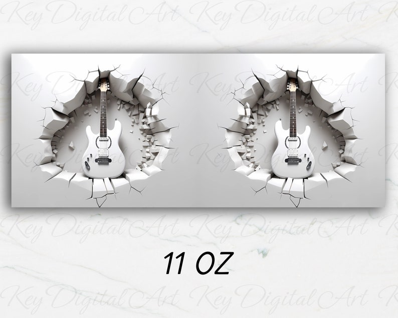 3D White Guitar Hole In A Wall Mug Wrap 11oz & 15oz Mug Template, 3D Mug Sublimation Design Mug Wrap Template PNG Instant Digital Download image 3