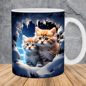 3D Winter Kittens Hole In A Wall Mug Wrap 11oz & 15oz Mug Template, Mug Sublimation Design Mug Wrap Template PNG Instant Digital Download