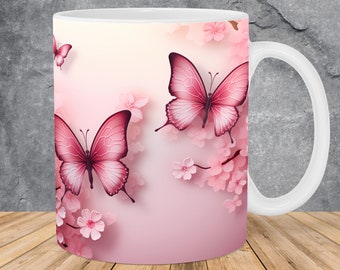 3D Pink Butterflies Blossoms Mug Wrap 11oz & 15oz Mug Template, Flower Mug Sublimation Design Mug Wrap Template PNG Instant Digital Download