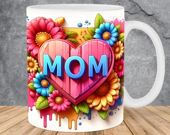 3D Mom Love Heart Flowers Mug Wrap 11oz & 15oz Mug Template, 3D Mug Sublimation Design Mug Wrap Template PNG Instant Digital Download