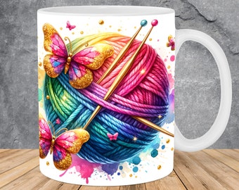 Glitter Knitting Yarn Ball Mug Wrap 11oz & 15oz Mug Template, Mug Sublimation Design Mug Wrap Template PNG Instant Digital Download