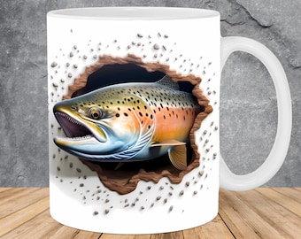 3D Trout Fish Hole In A Wall Mug Wrap 11oz & 15oz Mug Template, 3D Mug Sublimation Design Mug Wrap Template PNG Instant Digital Download