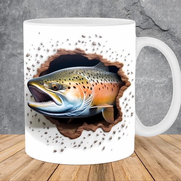 3D Trout Fish Hole In A Wall Mug Wrap 11oz & 15oz Mug Template, 3D Mug Sublimation Design Mug Wrap Template PNG Instant Digital Download
