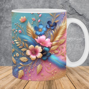 Glitter Teal Blue Pink Flowers Mug Wrap 11oz & 15oz Mug Template, Mug Sublimation Design Mug Wrap Template PNG Instant Digital Download