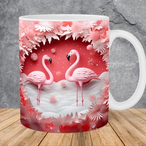 3D Flamingos Flowers Hole In A Wall Mug Wrap 11oz & 15oz Mug Template, Mug Sublimation Design Mug Wrap Template PNG Instant Digital Download