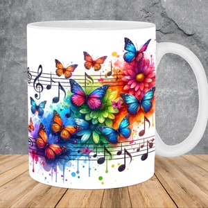 Colorful Butterflies Music Notes Mug Wrap 11oz & 15oz Mug Template, Mug Sublimation Design Mug Wrap Template PNG Instant Digital Download