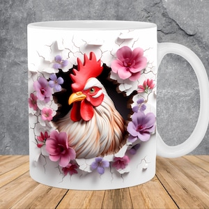 3D Rooster Hole In A Wall Flowers Mug Wrap 11oz & 15oz Mug Template, Mug Sublimation Design Mug Wrap Template PNG Instant Digital Download