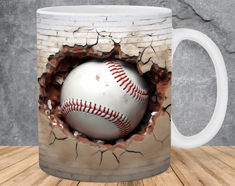 3D Baseball Ball Hole In Brick Wall Mug Wrap 11oz & 15oz Mug Template, Mug Sublimation Design Mug Wrap Template PNG Instant Digital Download