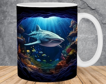 3D Whale Shark Hole In A Cave Mug Wrap 11oz & 15oz Mug Template, Ocean Mug Sublimation Design Mug Wrap Template PNG Instant Digital Download