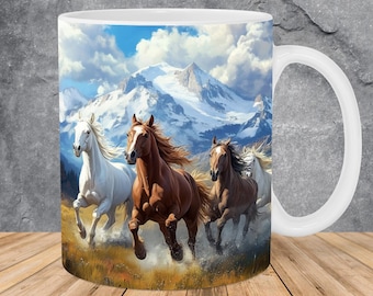 Modello di tazza Running Horses Mountains Mug Wrap da 11oz e 15oz, modello di tazza Horses Mug Sublimation Design Mug Wrap PNG Download digitale istantaneo