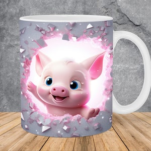 3D Glitter Baby Pig Hole In A Wall Mug Wrap 11oz & 15oz Mug Template, Mug Sublimation Design Mug Wrap Template PNG Instant Digital Download