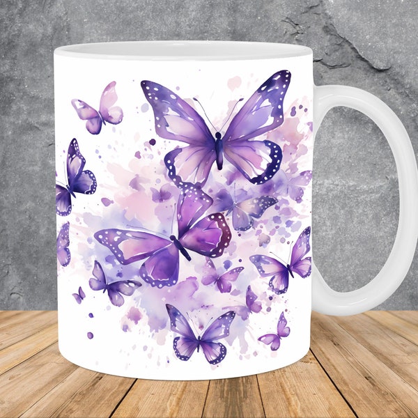 Purple Butterflies Mug Wrap 11oz & 15oz Mug Template, Butterflies Mug Sublimation Design Mug Wrap Template PNG Instant Digital Download