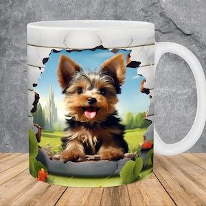 3D Yorkshire Terrier Hole In A Wall Mug Wrap 11oz & 15oz Mug Template, Mug Sublimation Design Mug Wrap Template PNG Instant Digital Download
