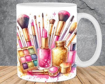 May include: White ceramic mug with a colorful illustration of makeup brushes, lipstick, nail polish, and eyeshadow palettes. The design features glitter and sparkles.