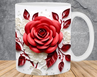 3D Red Rose Mug Wrap 11oz & 15oz Mug Template, 3D Red White Flower Mug Sublimation Design Mug Wrap Template PNG Instant Digital Download