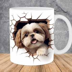 3D Shih Tzu Puppy Hole In A Wall Mug Wrap 11oz & 15oz Mug Template, Mug Sublimation Design Mug Wrap Template PNG Instant Digital Download