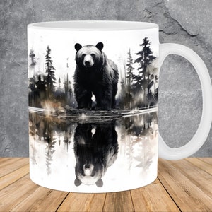 Bear Reflection Forest Lake Mug Wrap 11oz & 15oz Mug Template, Animal Mug Sublimation Design Mug Wrap Template PNG Instant Digital Download