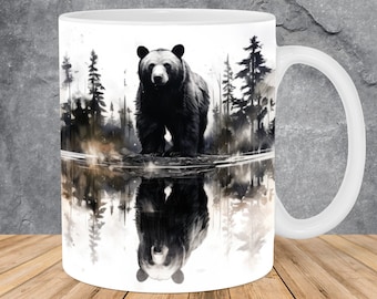 Bear Reflection Forest Lake Mug Wrap 11oz & 15oz Mug Template, Animal Mug Sublimation Design Mug Wrap Template PNG Instant Digital Download