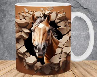 3D Horse Hole In Brown Wall Mug Wrap 11oz & 15oz Mug Template, 3D Mug Sublimation Design Mug Wrap Template PNG Instant Digital Download