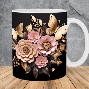 3D Golden Butterflies Pink Flowers Mug Wrap 11oz & 15oz Mug Template, Mug Sublimation Design Mug Wrap Template PNG Instant Digital Download