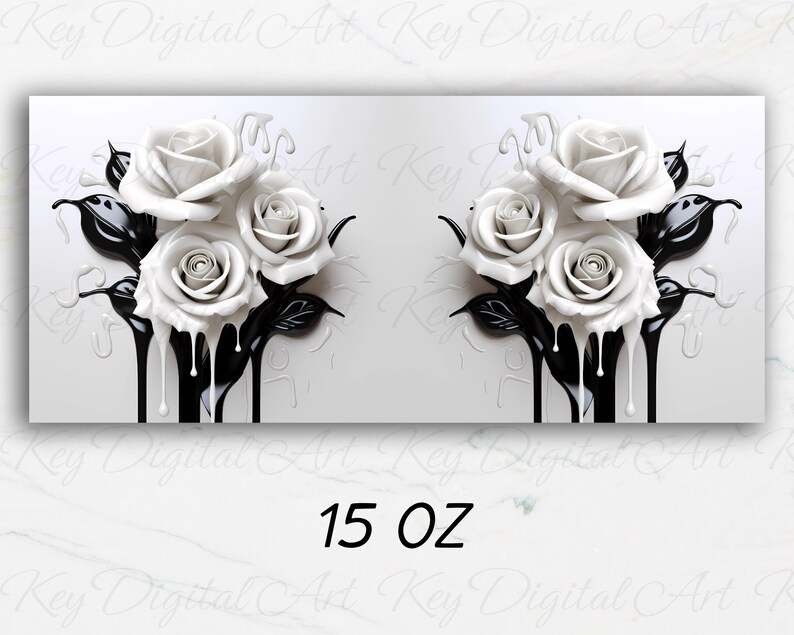 May include: A sublimation design featuring three white roses with black dripping paint on a white background. The design is for a 15 oz mug.