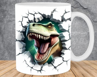 3D Roaring Dinosaur Hole In A Wall Mug Wrap 11oz & 15oz Mug Template, Mug Sublimation Design Mug Wrap Template PNG Instant Digital Download