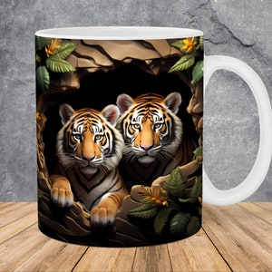 3D Tigers Hole In A Wall Mug Wrap 11oz & 15oz Mug Template, 3D Animals Mug Sublimation Design Mug Wrap Template PNG Instant Digital Download