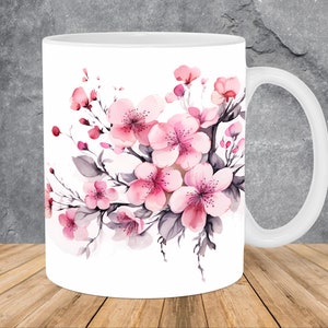 水彩桜の花のマグカップラップ 11 オンス & 15 オンス マグカップテンプレート、マグカップ昇華デザイン マグカップラップテンプレート PNG インスタントデジタルダウンロード