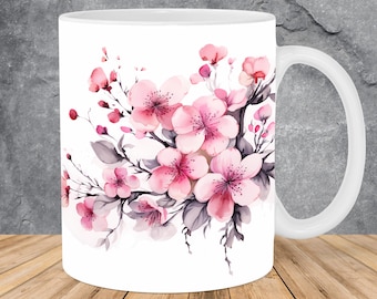 Watercolor Cherry Blossom Flowers Mug Wrap 11oz & 15oz Mug Template, Mug Sublimation Design Mug Wrap Template PNG Instant Digital Download