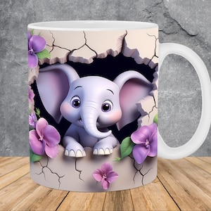 3D Baby Elefant Loch in einer Wand Becherverpackung 11 Unzen 15 Unzen Tassenvorlage, 3D-Becher Sublimationsdesign Becherverpackungsvorlage PNG Sofortiger digitaler Download