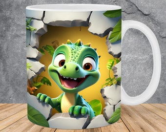 Agujero de dinosaurio bebé 3D en una taza de pared envolver plantilla de taza de 11 oz y 15 oz, diseño de sublimación de taza 3D plantilla de envoltura de taza PNG Descarga digital instantánea