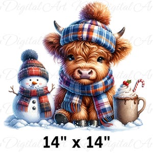May include: A digital art print featuring a Highland cow wearing a plaid hat and scarf, with a snowman and a mug of hot chocolate. The image is 14 inches by 14 inches.