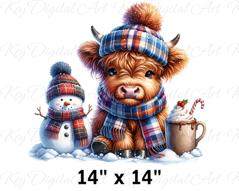 May include: A digital art print featuring a Highland cow wearing a plaid hat and scarf, with a snowman and a mug of hot chocolate. The image is 14 inches by 14 inches.